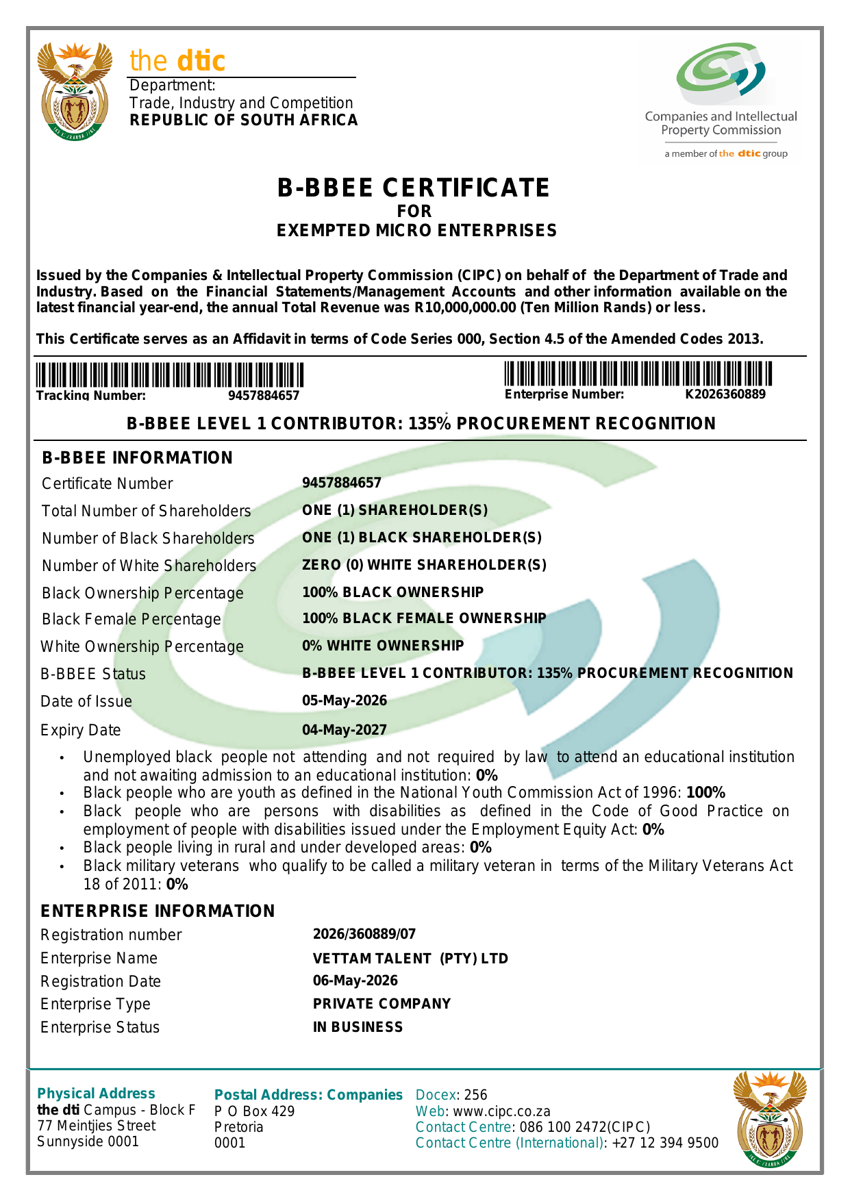 Vettam Talent Level 1 B-BBEE Certificate